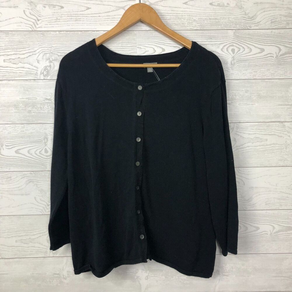 J Jill Women's XL Button Front Cardigan Sweater 100% Cotton Solid Black 3/4 Slv